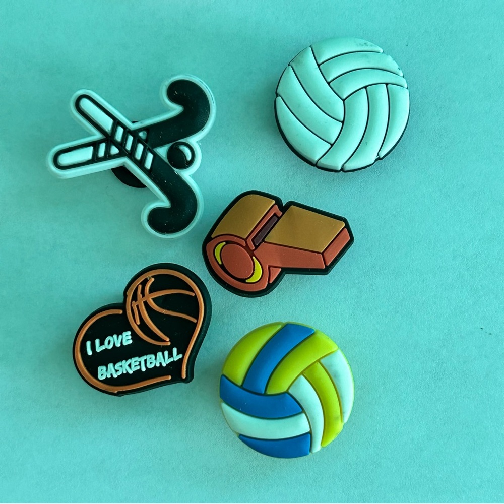 Croc charms 5 piece set assorted sports basketball whistle